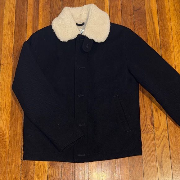 Express Men’s navy Jacket with White Faux Fur Collar